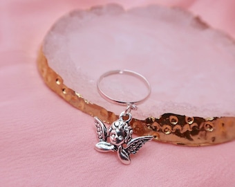 Silver Angel / Cherub Dangle Style Charm Ring / Adjustable Ring / Layering Rings