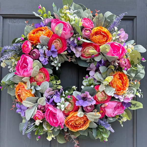 Handmade Bespoke  Large Unique  Summer Door Wreath |Orange and Pink | Suitable for Outside