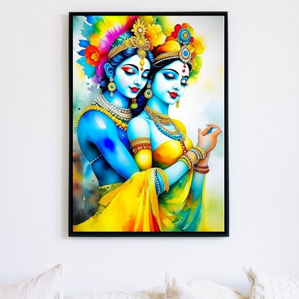 Divine Harmony: Radha Krishna Watercolor Art Print | Spiritual Krishna Poster | Digital Art Download | Radha Krishna Art | Spiritual Artwork