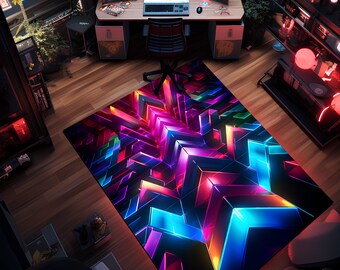 Może przedstawiać: Kolorowy abstrakcyjny dywan z geometrycznym wzorem w neonowych kolorach niebieskim, różowym i żółtym. Dywan ma czarne tło i efekt 3D.