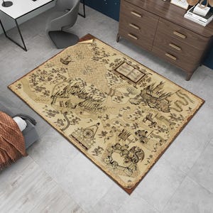 May include: A rectangular rug with a vintage map design. The rug features a detailed illustration with brown and beige tones, depicting a fantasy map with text that reads "Harry Potter". The rug has a brown border.