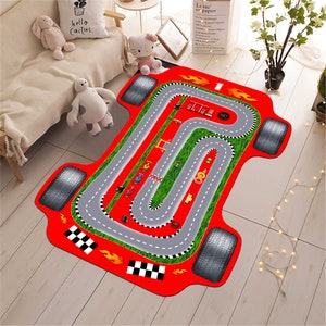 レースカーラグ、赤い F1 カー、レーストラックラグ、フォーミュラ 1 ラグ、子供部屋ラグ、ベビールーム装飾、人気のラグ、保育園ラグ、子供へのギフト、滑り止めラグ