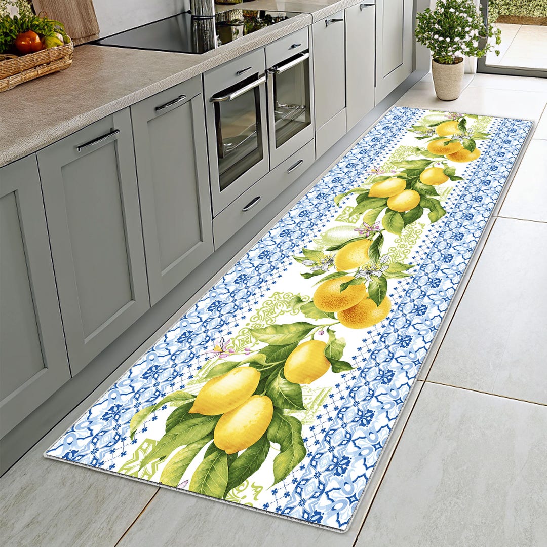 Lemon Pattern Kitchen Runner Rug - Mediterranean Blue Tile Design ...
