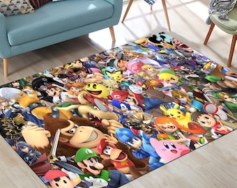 May include: A colorful rug featuring a collage of popular video game characters, including Mario, Donkey Kong, Link, Pikachu, and many more. The rug is perfect for adding a fun and playful touch to any room.