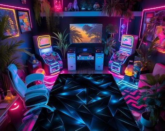 May include: A black gaming mat with a geometric pattern of blue and black triangles. The mat is in a room with neon lights and arcade cabinets.