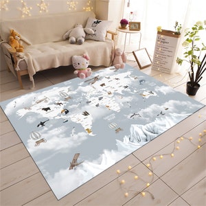 Teppich mit Tieren, Landkarte, Kinderzimmer Karte, Lerndecke, Erde, Kinderzimmer, Waschbarer Teppich, Geschenk für Kinder, Spielmatte, rutschfest