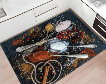 Vibrant Printed Kitchen Rug • Machine Washable Non-Slip Kitchen Rug • Top View of Colorful Spices • Gift For Kitchen