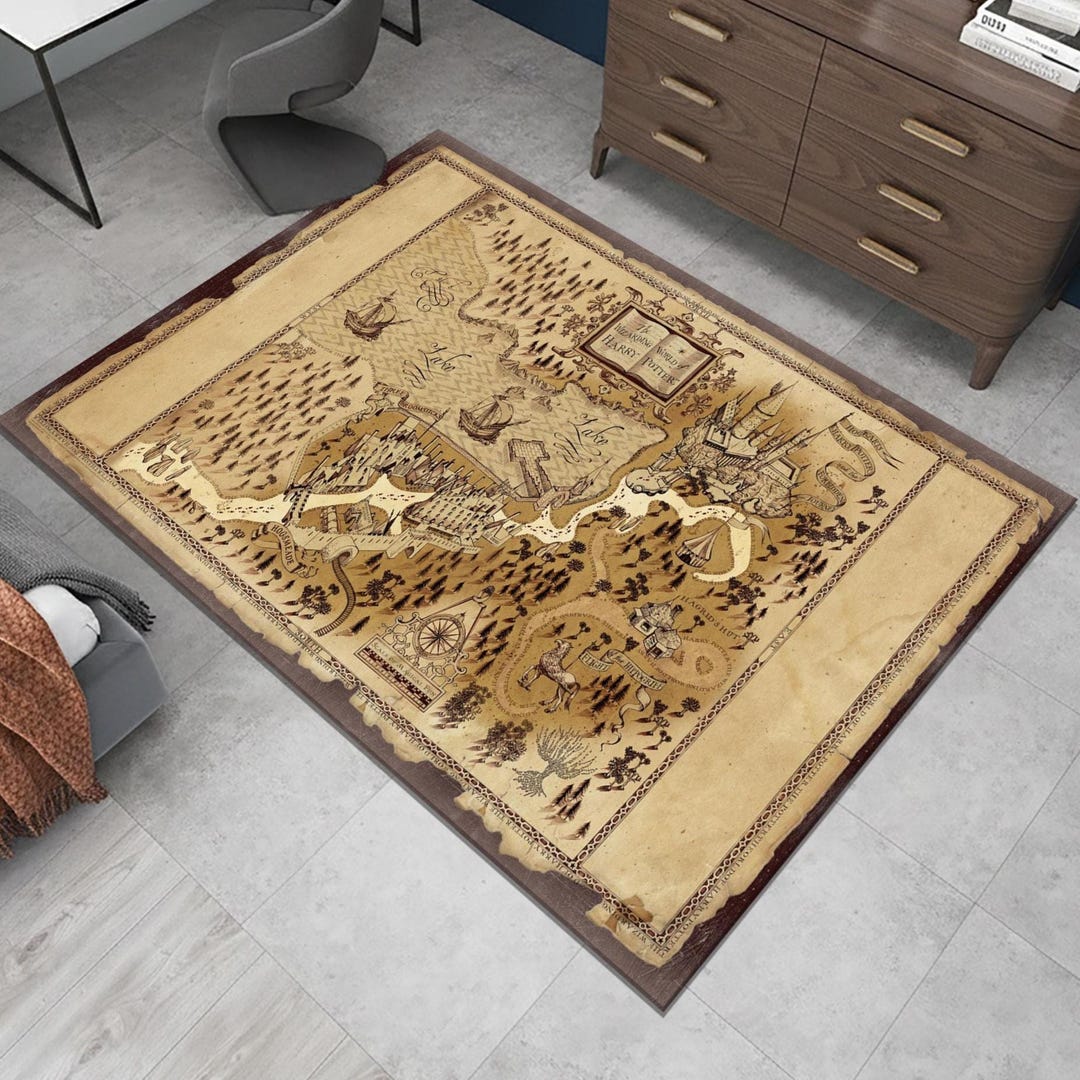 Deanery Rugs Wizarding School Grounds Area Rug, Magical Map Floor Decor, Vintage ...