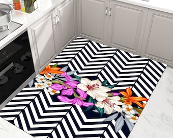 Flowers Pattern Rug, Checkered Rug,Black White Rug, Non Slip Kitchen Rug, Washable Kitchen Rug, Printed Carpet,Modern Rug,Decorative Mat
