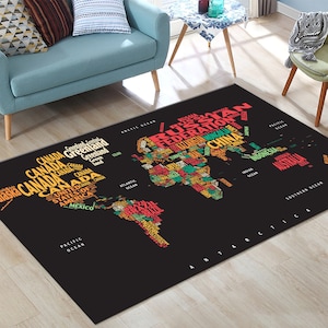 Tapete de mapa mundial, tapete de mapa popular para casa, tapete de área, tapete, arte de mapa mundial, tapete de jogadores, presente para ela, tapete de corredor, decoração temática de geografia