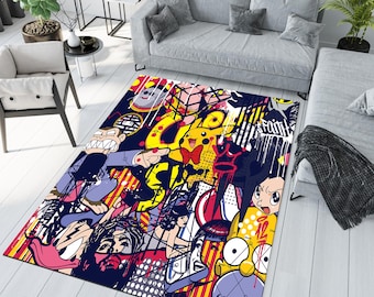 May include: A colorful rug with a graphic design featuring cartoon characters, including Pikachu, Homer Simpson, and other pop culture icons. The rug has a black background with splashes of red, yellow, and blue paint.