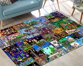 Puede incluir: Una alfombra colorida con un diseño pixelado de varios personajes y escenas de videojuegos. La alfombra está compuesta por una cuadrícula de cuadrados, cada uno con una imagen diferente. La alfombra es perfecta para agregar un toque de nostalgia a cualquier habitación.