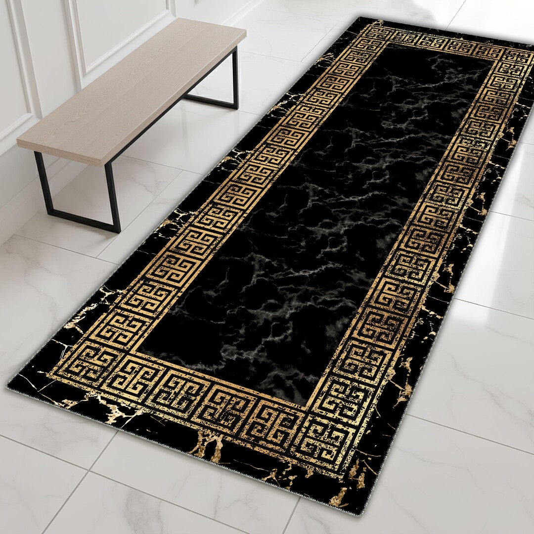 Greek Key Gold Rug Black Gold Greek Key Runner Rug - Luxury Marble Pattern Hallway Carpet ...