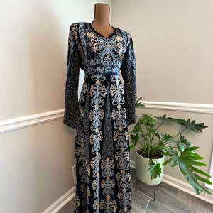 Palestinian Embroidered Dress (Blue Sparkly Velvet with satin)