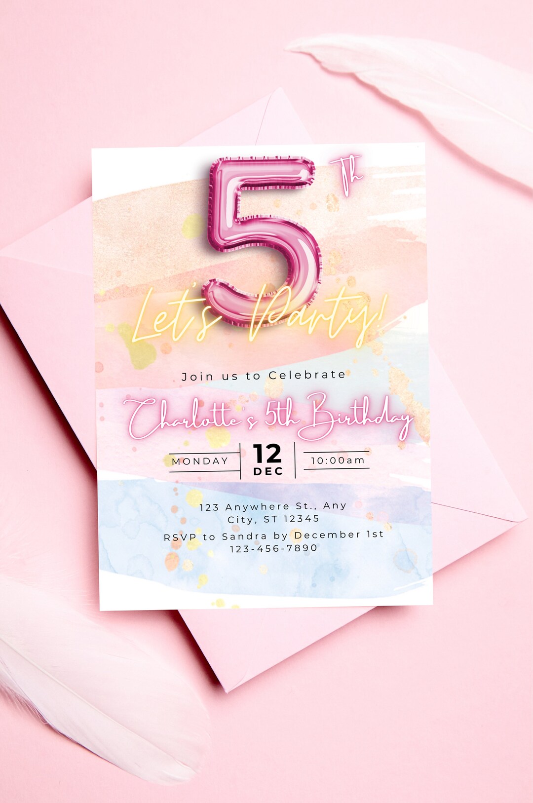Editable Pastel Fifth Birthday Invitation Template, Printable Pink ...