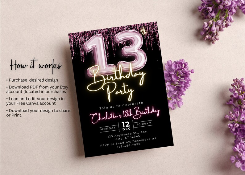 Editable 13th Birthday Invitation Template, Printable Pink Balloon ...