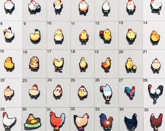 May include: A set of 35 colorful, cartoon-style chicken charms. The charms feature different variations of chickens, roosters, and chicks, including some with accessories like hats and sunglasses.