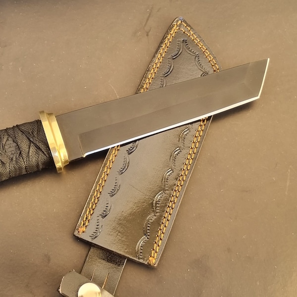 Title: Custom Handmade Black Tanto | Beautiful Finishing | Gift For Husband | Leather Sheath Included