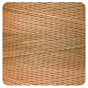 May include: Close-up of a spool of tan-colored thread. The thread is tightly wound, creating a textured surface with diagonal lines. The thread appears to be made of a natural fiber.