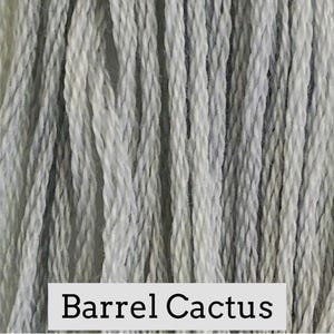May include: Close-up of a bundle of light gray yarn. The yarn is tightly twisted, with a slightly textured appearance. The text "Barrel Cactus" is displayed in a white rectangle at the bottom of the image.