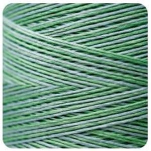 May include: Close-up of a spool of green and white thread. The thread is tightly wound, showing a pattern of alternating green and white lines. The thread appears to be made of a smooth, possibly cotton, material. The image is well-lit, highlighting the texture and color variations.