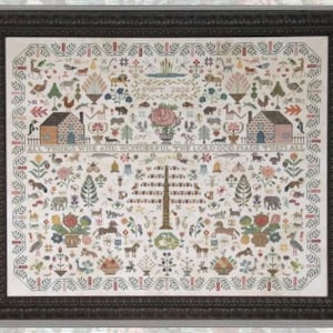 May include: Framed cross-stitch sampler with a dark brown wooden frame. The sampler features a detailed design with houses, animals, flowers, and the text "ALL THINGS WISE AND WONDERFUL THE LORD GOD MADE THEM ALL". The color palette includes various pastel shades.