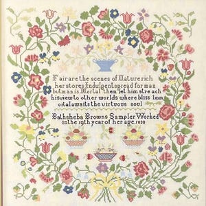May include: A vintage sampler with a floral border and a poem that reads "airare the scenes of Mature rich her stores indulgent spread for man bulman is Mortal then let him stre ach hisview to other worlds where bliss Imm ortala waits the virtuous soul Bathsheba Browns Sampler Worked inthe sgth year of her age. 1830"
