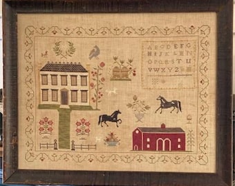 May include: A beige sampler featuring a cross-stitch design of a house, a barn, horses, and a bird. The sampler also includes a floral design and the alphabet in a rectangular frame.