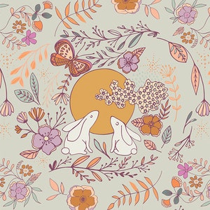May include: A whimsical pattern featuring a light green background with floral and botanical elements. The design includes white rabbits, a butterfly, and a golden sun. The flowers are in shades of purple, orange, and peach.