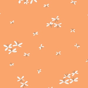 May include: A seamless pattern with white stylized dragonfly shapes on a peach background.