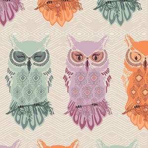 May include: A repeating pattern featuring stylized owls in shades of green, purple, and orange. The owls have intricate patterns on their bodies and are set against a cream-colored background with a geometric design. The overall theme is whimsical and decorative.