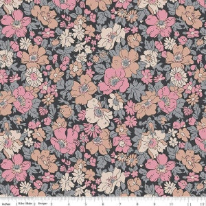 May include: Floral fabric with a dark background and a pattern of pink, peach, and cream-colored flowers. The fabric also features gray leaves and smaller white flowers. The design is by Riley Blake Designs.