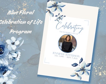 Plantilla de programa funerario floral azul: Servicio conmemorativo editable (tamaño 5x7)