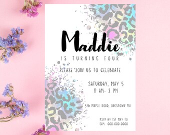Invitación de cumpleaños de leopardo: Estampado animal editable, para fiesta de niña (plantilla de 5x7)