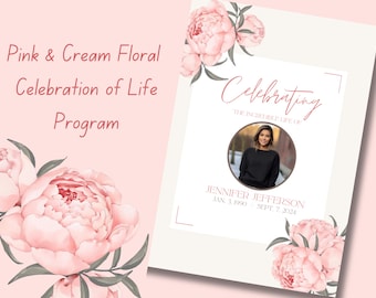 Programa funerario floral rosa personalizado: Plantilla conmemorativa editable (plegable de 5x7)