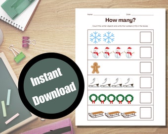 Hoja de trabajo de conteo de invierno: Matemáticas de primaria imprimible (descarga digital)
