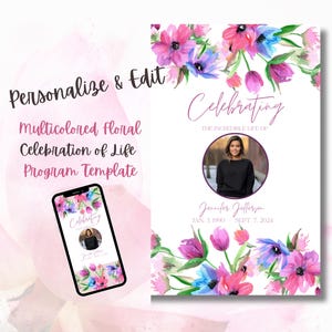 Può includere: Un modello stampabile per un programma di celebrazione della vita. Il modello presenta un design floreale ad acquerello con fiori rosa, viola e blu. Il testo "Celebrando la vita incredibile di" è in cima al modello, seguito da uno spazio per una foto e il nome e le date del defunto.