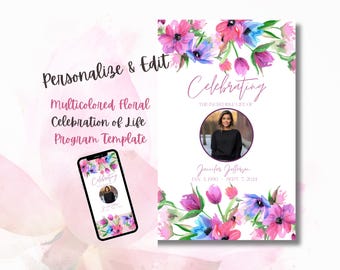 Plantilla de programa de obituario floral: Tarjeta funeraria editable (Canva)