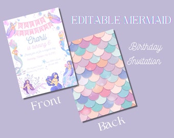 Invitación de cumpleaños de sirena editable: temática submarina (descarga digital)