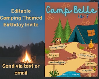 Invitación de cumpleaños de camping: Tema de actividades al aire libre para niñas (Plantilla editable de Canva)