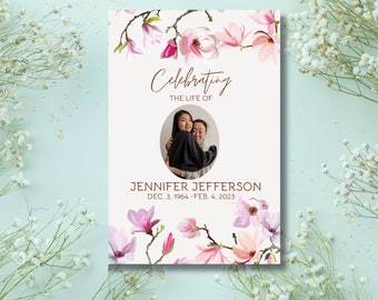 Plantilla de programa funerario con magnolia floral rosa: Celebración de la vida (Descarga digital)
