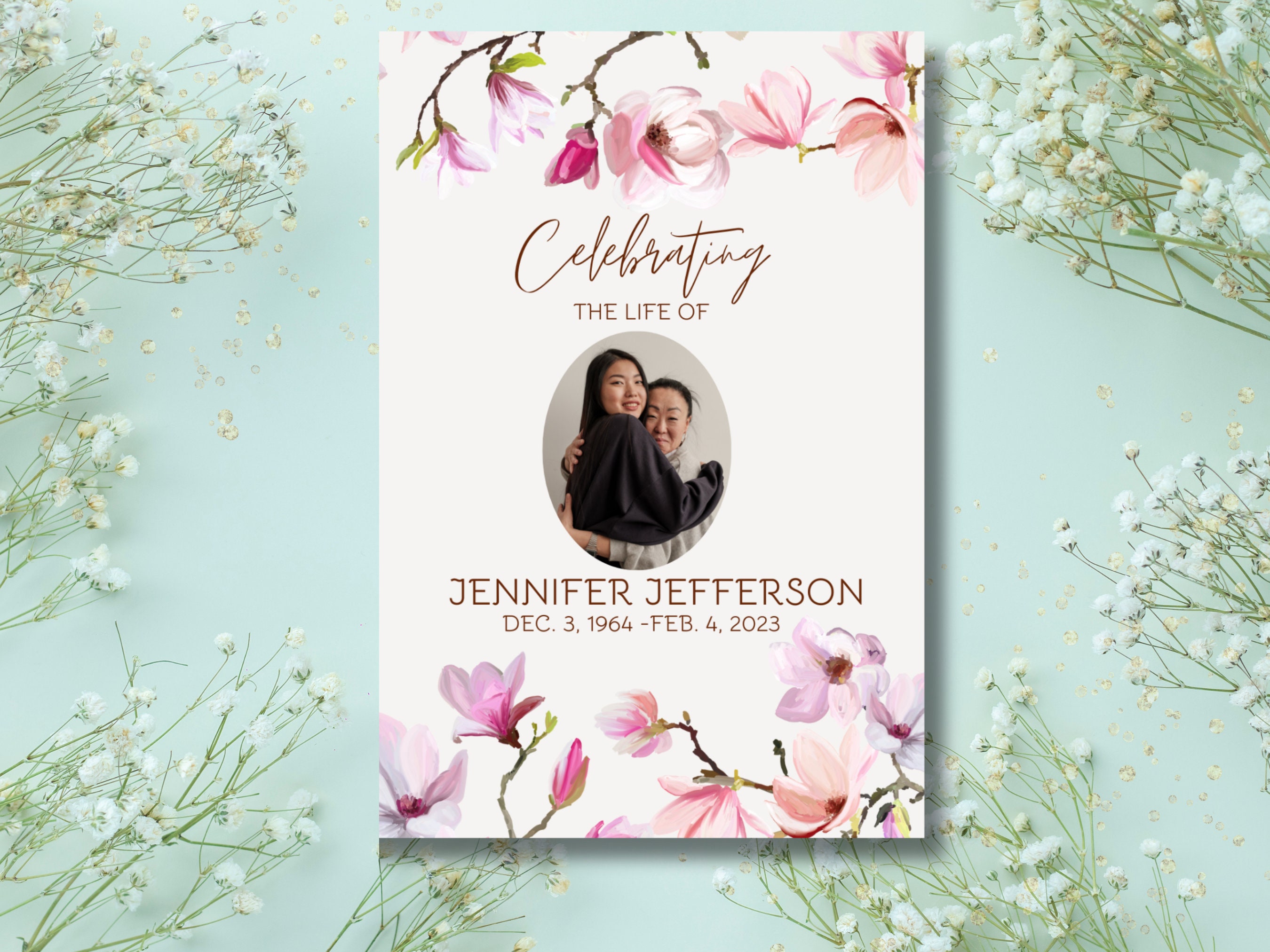 Program Flower Design Pink Floral Magnolia Funeral Program Template: Celebration of Life ...