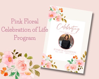 Plantilla de programa funerario con flores rosas: Celebración de la vida (Canva editable)
