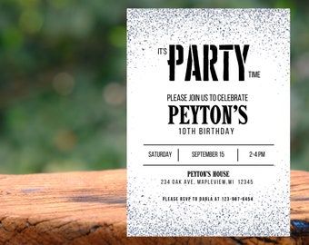 Plantilla de invitación de cumpleaños con confeti azul y gris (Canva editable)