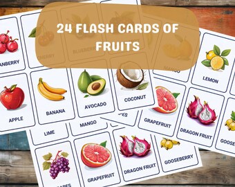 Fruits • 24 Montessori Flash Cards • Nomenclature, Printable PDF Fruits Flash Cards, Flash Cards For Kids, Preschool, Toys