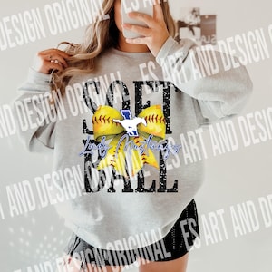 May include: A gray sweatshirt with a glitter design that says "Softball" with a yellow and blue bow and the words "Lady Mustangs" in the center.