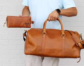 Personalized Leather Duffle Bag Toiletry Bag Luggage Tag Combo Gift Set | Best Groomsmen Gifts, Christmas Gift, Leather Toiletry Bag for Him