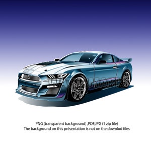 Peut inclure: Illustration numérique d'une voiture de sport bleue avec des détails noirs, un aileron et des jantes argentées. La voiture porte l'inscription "GT 500" à l'avant. L'image contient le texte "PNG (transparent background), PDF, JPG (1 zip file)".