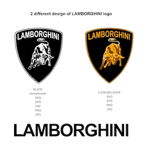 Puede incluir: Se muestran dos diseños de logotipos de Lamborghini. Uno es una versión monocromática en blanco y negro, y el otro es un diseño de capa de cinco colores con dorado y negro. La palabra "LAMBORGHINI" se muestra en negrita, en negro.
