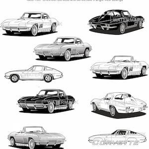 Peut inclure: Neuf illustrations en noir et blanc de Chevrolet Corvette et cabriolets 1963-1967 sous différents angles. Le mot "CORVETTE" est visible sur une image. Chaque voiture est détaillée avec des roues et des lignes de carrosserie.